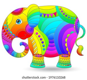 Stained glass-style illustration with a cartoon rainbow elephant, the animal isolated on a white background