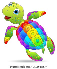 A stained glass-style illustration with a cute cartoon turtle, an animal isolated on a white background