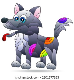 A stained glass-style illustration with a cute cartoon dog, an animal isolated on a white background