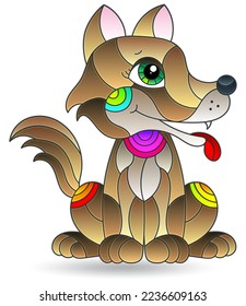 A stained glass-style illustration with a cute cartoon dog, an animal isolated on a white background