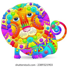 Stained glass-style illustration with cute cartoon lion, animal isolated on a white background