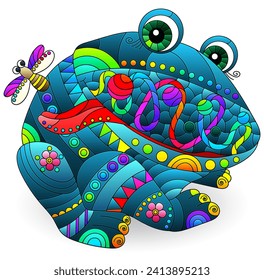 Stained glass-style illustration with cute cartoon frog, animal isolated on a white background