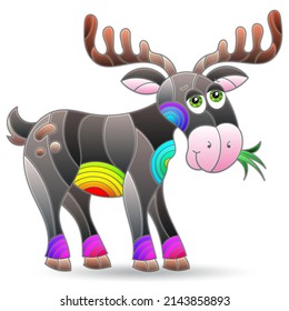 Stained glass-style illustrations with cute cartoon moose, animal isolated on a white background