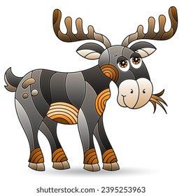 Stained glass-style illustrations with cute cartoon moose, animal isolated on a white background, tone brown