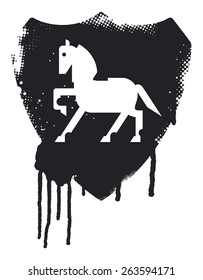 escudo de plaquetas de grunge entintado con estilo de esténcil y caballo de belleza