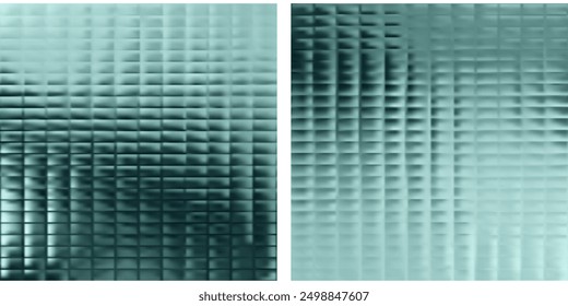 Stained metal premium rib acrylic glass sheet. Fluted door blue green blurred overlay. Wavy stripes refraction, frosted surface pattern. Embossed vertical and horizontal striped transfluent material.
