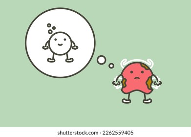 Stained orthodontics teeth retainer or dental brace bracket miss to effervescent tablets - tooth cartoon vector flat style cute character for design