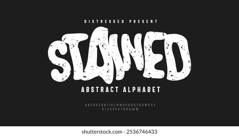 Stained Typeface: Distressed, abstract alphabet with roughened edges and vintage. A bold uppercase and number design for striking, classic visuals.