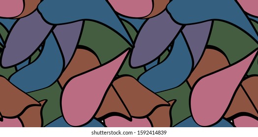 Stained-glass geometric abstract seamless pattern. Leaves and plants with black stroke. Used for fabric, wallpaper, packaging, canvas. Fashionable for sun and summer, clothes and swimwear.
dark calm 