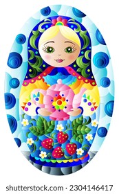 A stained-glass illustration with a bright Russian doll on a blue background, oval image 