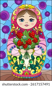 A stained-glass illustration with a bright Russian doll on a blue background