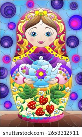 Ilustração de vitral com uma boneca russa brilhante sobre um fundo azul