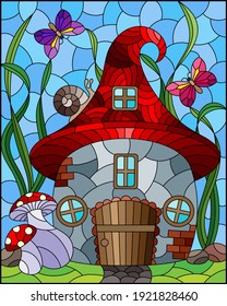 A stained-glass illustration with a fairy-tale dwarf house on a background of grass and blue sky