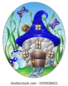 A stained-glass illustration with a fairy-tale dwarf house on a background of grass and blue sky, oval image