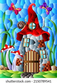 A stained-glass illustration with a fairy-tale dwarf house on a background of grass and blue sky
