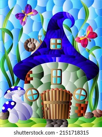 A stained-glass illustration with a fairy-tale dwarf house on a background of grass and blue sky