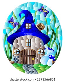 A stained-glass illustration with a fairy-tale dwarf house on a background of grass and blue sky, oval image
