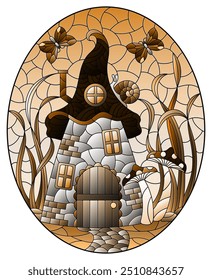 A stained-glass illustration with a fairy-tale dwarf house on a background of grass and  sky, oval image, tone brown