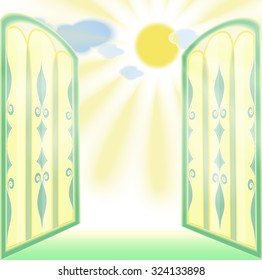  Stained-Glass Opened Arch Window with Sky and Sunbeams Outside