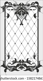 Stained-glass panel in rectangular frame, abstract floral stained glass arrangement of buds and leaves, Art Nouveau style. Glass painting, decorative design of the window or door. Vector illustration