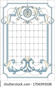 Stained-glass panel in a rectangular frame, abstract floral arrangement of buds and leaves in the art Nouveau style. Decorative design of the window or door. Vector illustration.