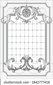 Stained-glass panel in a rectangular frame, abstract floral arrangement of buds and leaves in the art Nouveau style. Decorative design of the window or door. Vector illustration