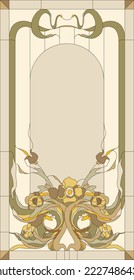 Stained-glass panel in a rectangular frame, abstract floral arrangement of buds and leaves in the art Nouveau style. Decorative design of the window or door. Vector illustration.