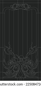 Vidrio con marco rectangular, disposición floral abstracta de brotes y hojas de estilo Art Nouveau. Diseño decorativo de la ventana o puerta. vector de contorno 