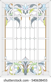 Stained-glass panel in a rectangular frame, abstract floral arrangement of buds and leaves in the art Nouveau style. Stained glass vector