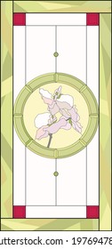 Stained-glass panel in a rectangular frame. Classic window, with orchid, abstract floral arrangement of buds and leaves in the tiffany technique. Window 
frame border, geometric pattern.  Vector