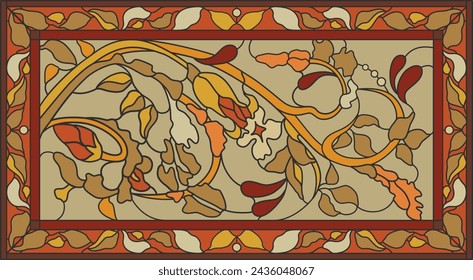 Stained-glass panel in a rectangular frame. Classic window, abstract floral arrangement of buds and leaves in the art Nouveau style. Vector