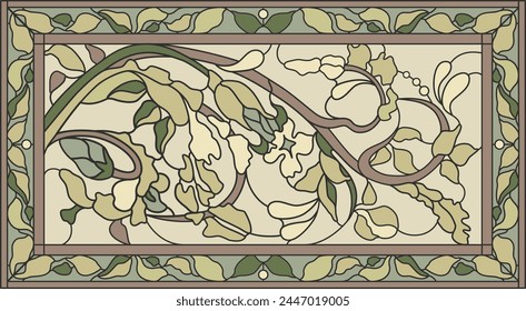 Stained-glass panel in a rectangular frame. Classic window, abstract floral arrangement of buds and leaves in the art Nouveau style. Vector