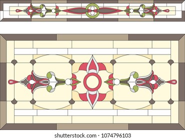 Stained-glass panel in a rectangular frame, window on the ceiling or door glass abstract floral arrangement of buds and leaves in classic style. Vector  