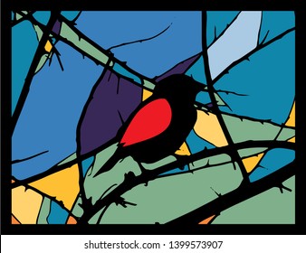 Stained-glass window bird on tree verts with color background. Bird on the tree.