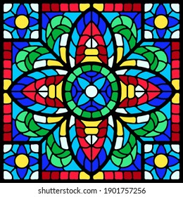 Stained-glass window with colored piece. Decorative mosaic ceramic tile pattern.