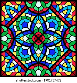 Stained-glass window with colored piece. Decorative mosaic ceramic tile pattern.