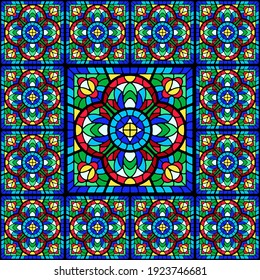 Stained-glass window with colored piece. Decorative mosaic ceramic tile pattern.