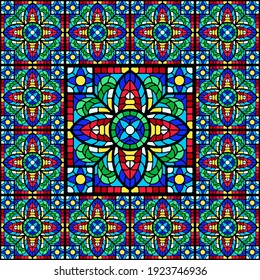 Stained-glass window with colored piece. Decorative mosaic ceramic tile pattern.