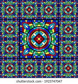 Stained-glass window with colored piece. Decorative mosaic ceramic tile pattern.