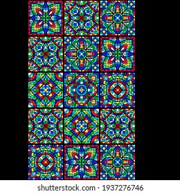 Stained-glass window with colored piece. Decorative ceramic tile pattern.