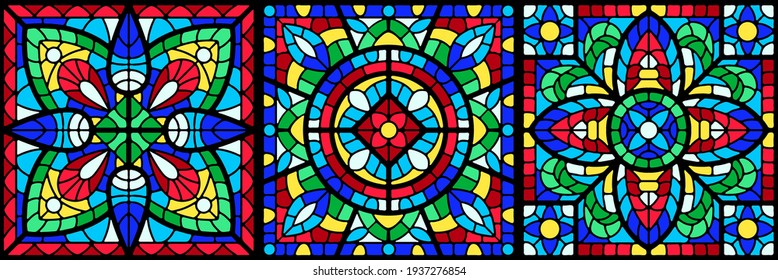 Stained-glass window with colored piece. Decorative ceramic tile pattern.