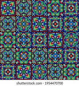 Stained-glass window with colored piece. Decorative mosaic tile pattern.