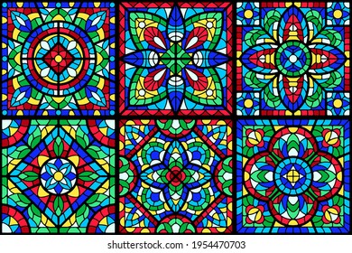 Stained-glass window with colored piece. Decorative mosaic tile pattern.