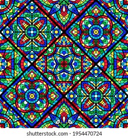 Stained-glass window with colored piece. Decorative mosaic tile pattern.