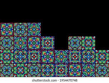 Ventana de vidrio templado con pieza de color. Patrón de mosaico decorativo.
