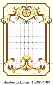 Stained-glass window decoration panel in a rectangular frame, abstract floral arrangement of buds and leaves in the baroque style. Stained glass colorful vector.