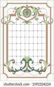 Stained-glass window decoration panel in a rectangular frame, abstract floral arrangement of buds and leaves in the baroque style. Stained glass colorful vector.