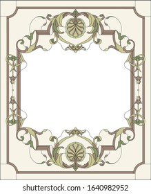 Stained-glass window decoration panel in a rectangular frame, abstract floral arrangement of buds and leaves in the baroque style. Stained glass colorful vector.