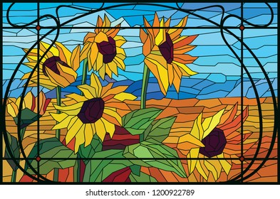 Stained-glass window with lattice modern sunflowers in the field. Vector graphics