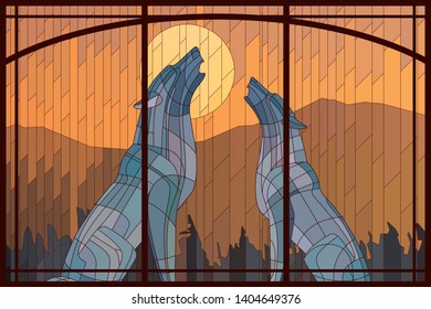 Stained-glass window a pair of wolves howl at sunset against the backdrop of mountains. Vector graphics